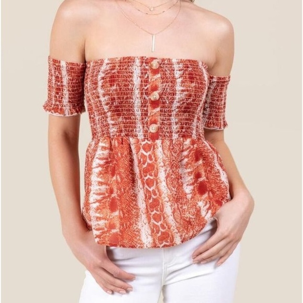 Snakeskin Summer off shoulder Top Shirt lined - Rust & Ivory - Large